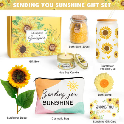 Birthday Gifts for Women Sunflower Gifts Get Well Soon, Sending Sunshine Gift Baskets, Self Care Spa Gift for Women Her Mom Best Friends Sister, Thank You Christmas Day w/Glass Cup