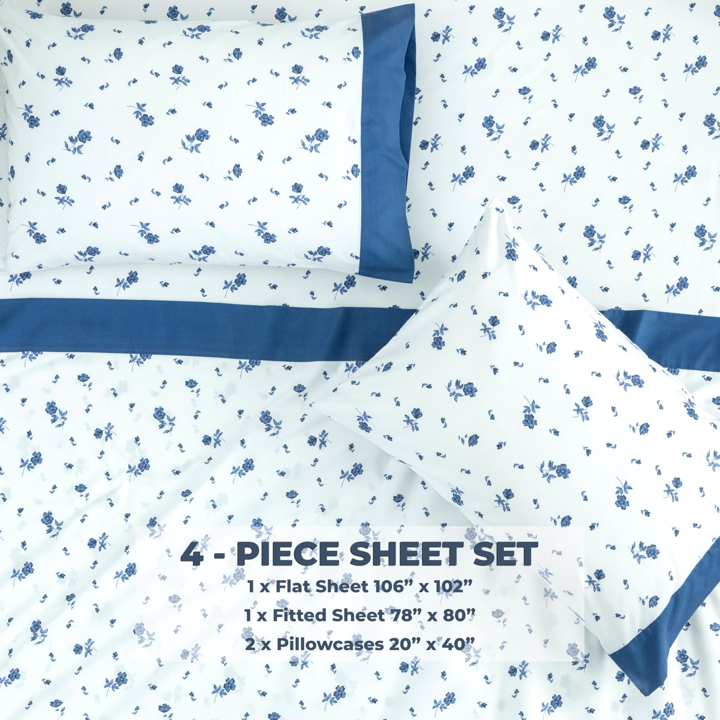 Dreamology Sheet Set King Size, 4 Pieces Microfiber Sheets, Printed Sheet Set with Solid Cuffed Detail,Include 1 Flat Sheet,1 Deep Pocket Fitted Sheet and 2 Pillowcases,King Bed Sheets – Blue Floral