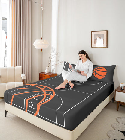 Basketball Court Print Fitted Sheet Set Full Size 4Pcs,Ball Sports Games Themed Bedding Set(1 Fitted,1 Flat,2 Pillows),Orange Basketball and Hoop Deep Pocket Bed Sheets for Girls Teens Room
