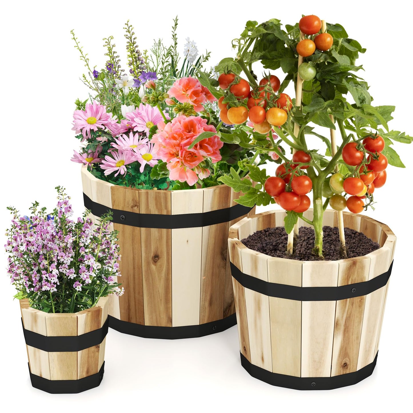 HAPPYGRILL Wooden Plant Pots, 3 Solid Acacia Wood Whiskey Barrel Planters w/Drainage Holes for Flower Herb Shrub, Multi Sizes Indoor Outdoor Patio Planting Flower Pots Home Decoration