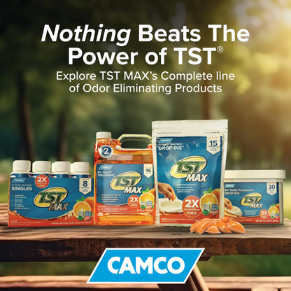Camco TST MAX RV Toilet Treatment Drop-INs - Control Unwanted Odors & Break Down Waste and Tissue - Safe Septic Tank Treatment - Orange Scent, 30-Pack (41183)