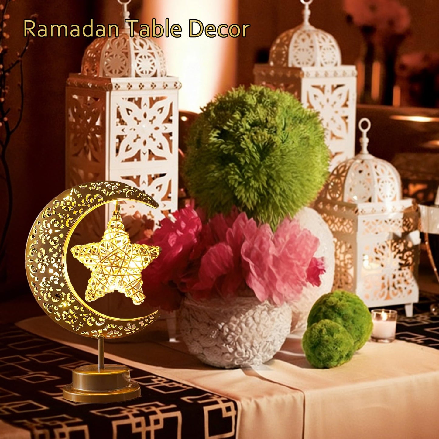 Lifnatty Ramadan Decorations Moon Lamp, Ramadan Decor for Home, Eid Mubarak Decorations, Ramadan Eid Gifts, Enchanted Lunar Table Lamp, Half Moon Lights, Battery Operated Moon Star Night Light