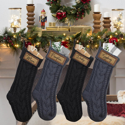 steo spce 4 Pack Personalized Christmas Stocking with Leather Patches Custom Name Family Christmas Stockings, 18.5” Large Knitted Xmas Stockings for Kids, Holiday and Fireplace Party Decoration