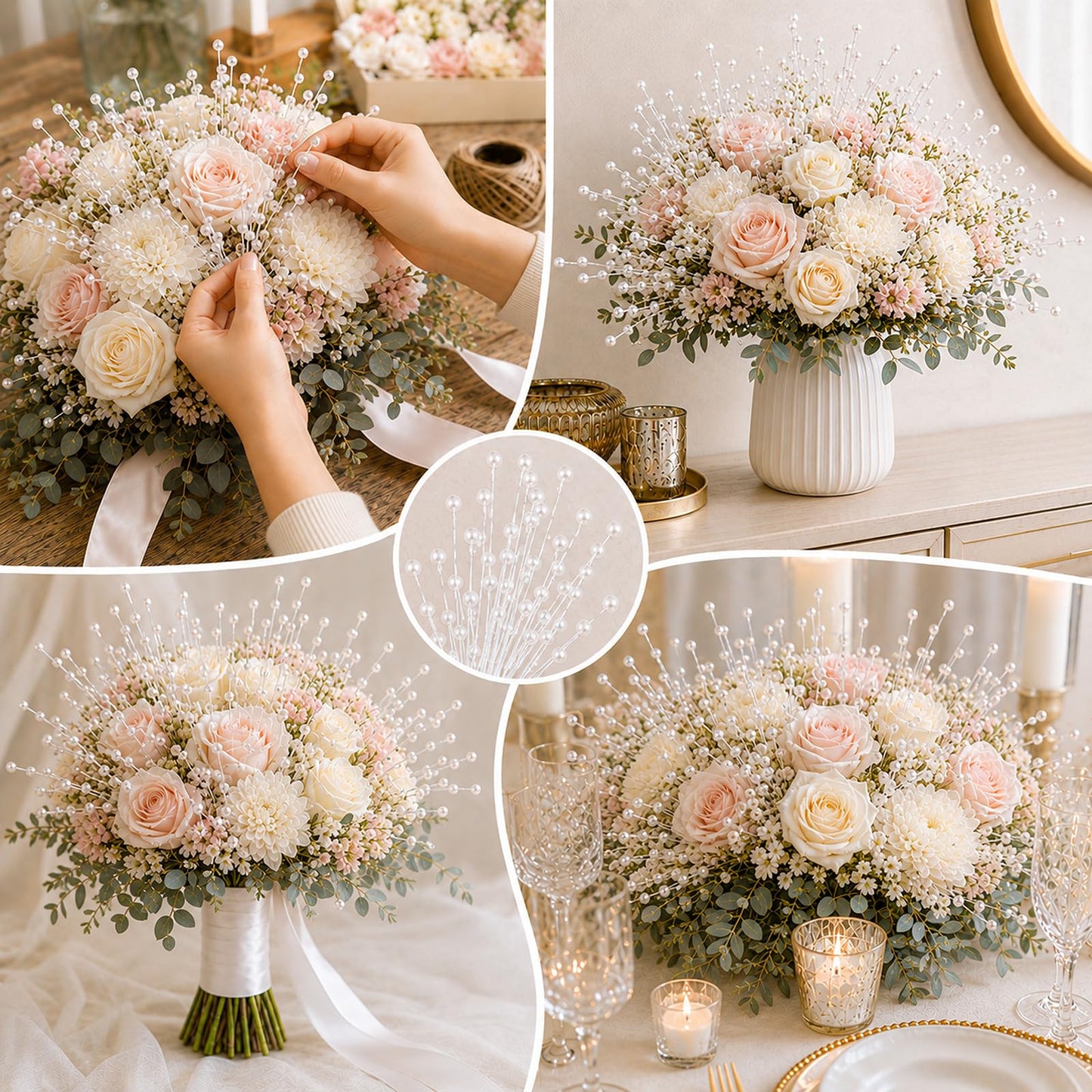 60 Pieces Pearl Stick Stems Bouquets, 4mm Bead String Garland Beaded Spray Filler Floral Arrangements Tree Picks Wedding Party Decoration, Mother's Day Flower Decor, Christmas Tree Picks (White)