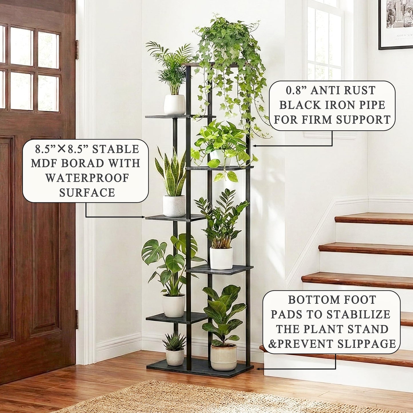 JEPRECO Plant Stand Indoor 7 Tier 8 Potted Metal Wood Plant Shelf, Multiple Flower Pots Corner Tall Plant Holder Stands for Living Room Balcony Bedroom, Black