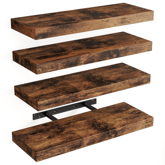 Fixwal 15.8in Floating Shelves, Rustic Wood Finish Wall Shelves Set of 4, Shelves for Wall Decor, with Invisible Brackets for Bathroom, Living Room,Bedroom and Kitchen(Rustic Brown)