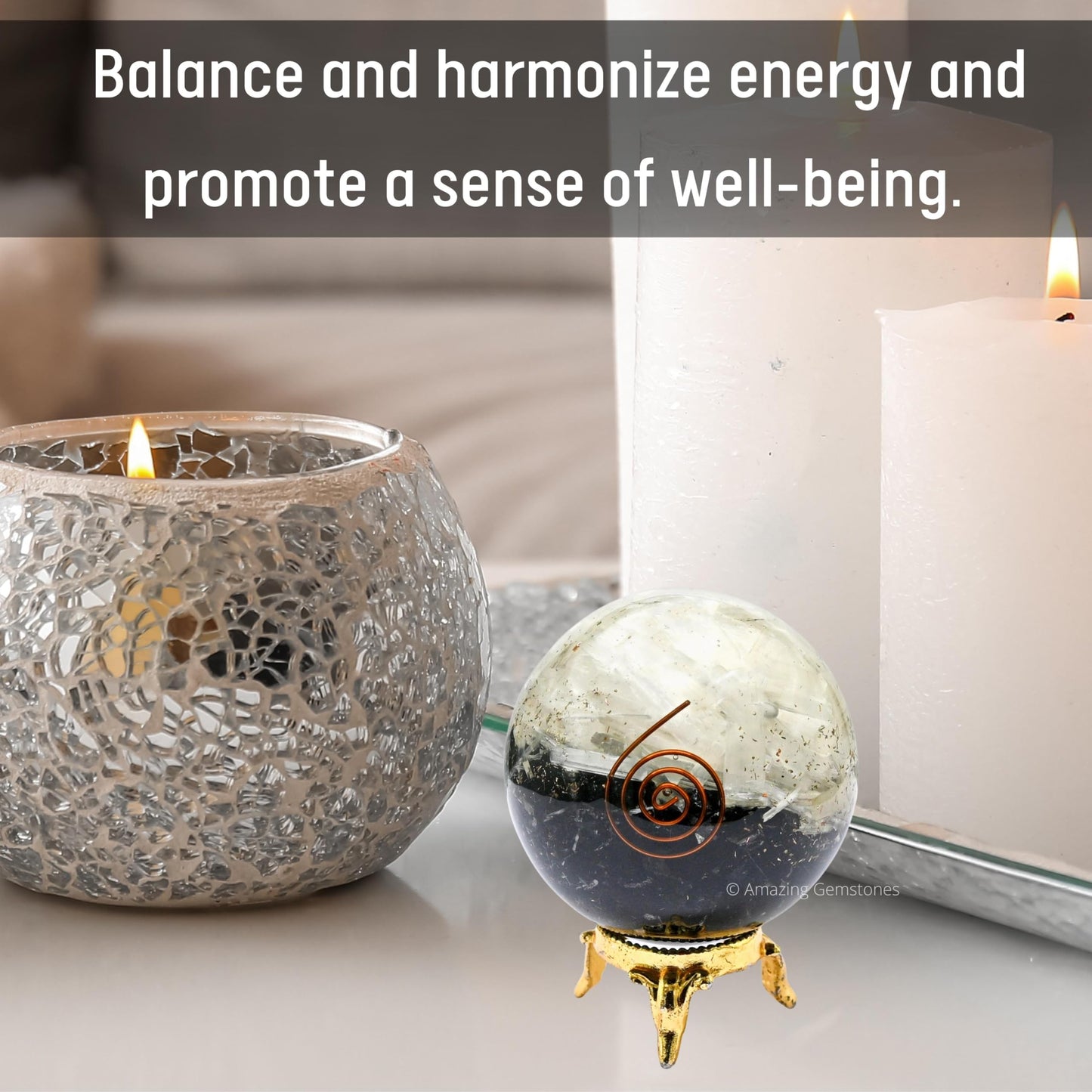 Amazing Gemstone 2.5" Black Tourmaline Selenite Orgonite Orgone Crystal Sphere Ball with Stand - Meditation Crystal Ball for Witchcraft and Decorative Balls - Premium Gemstone Sphere Balls (Layered)