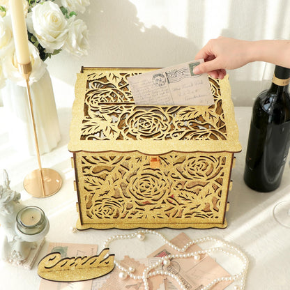 OurWarm Glittery Gold Wedding Card Box with Lock, Wood Gift Card Box for Reception, Money Honeymoon Fund Card Boxes for Baby Shower, Birthday, Graduation Party Rustic Wedding Decorations