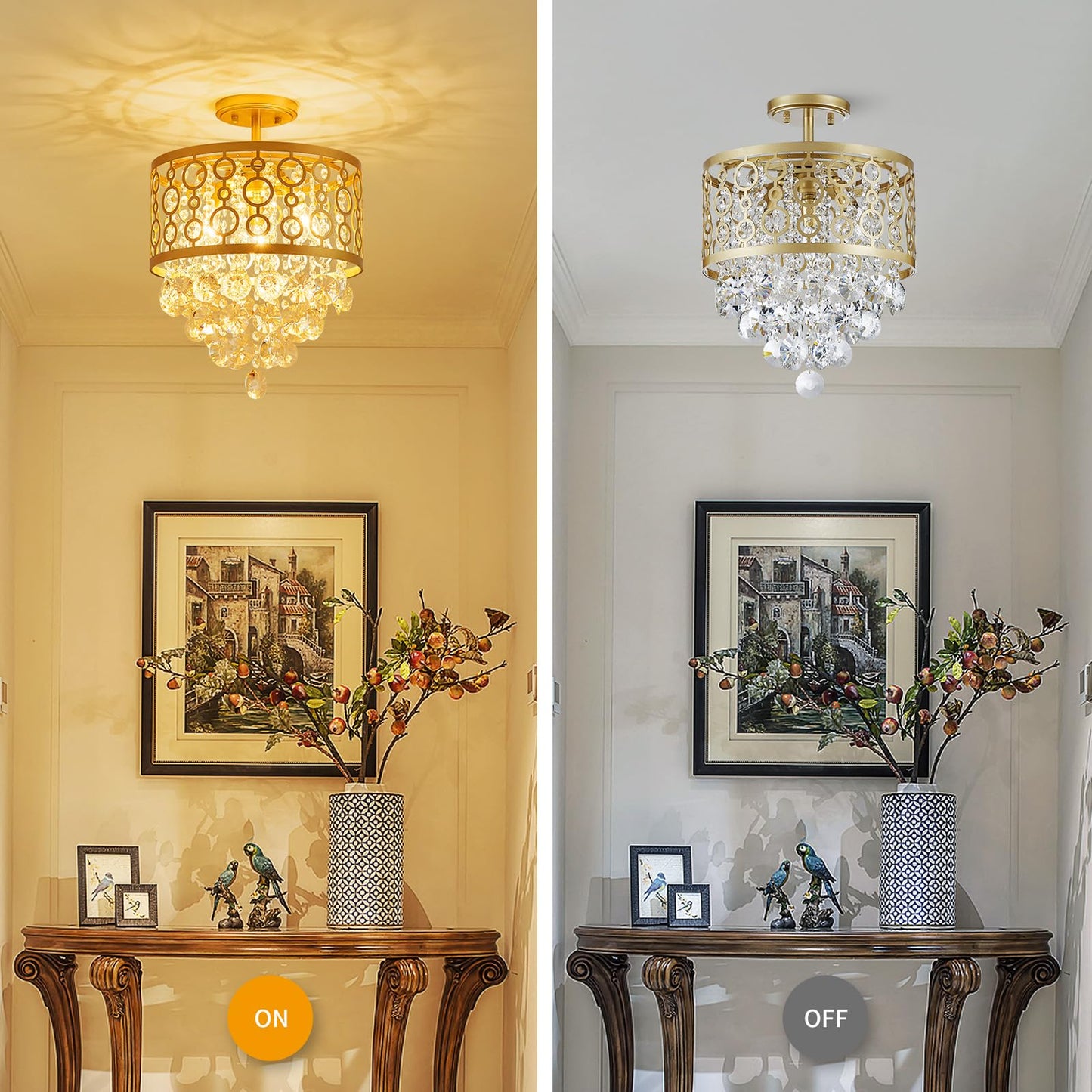 WUZUPS Crystal Drum Chandelier Flushmount Ceiling Light Modern Lighting Fixture for Entry Hallway Kitchen Bathroom Bedroom, H 16.3'' x W 13'', E12 Base, Gold