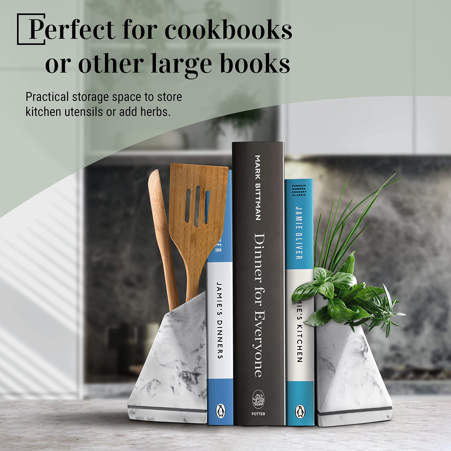 BDECOR Marble Style Bookends - Decorative, Heavy Duty Book Holder for Shelves, Non Skid, Unique Design (White)