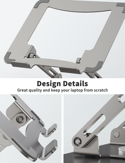 SOUNDANCE Laptop Stand with 360° Rotating Base, Ergonomic Computer Riser for Desk, Adjutable Height Muti-Angle, Foldable Laptop Mount, Stable Metal Holder Support 10-15.6" Notebook PC, Silver Grey