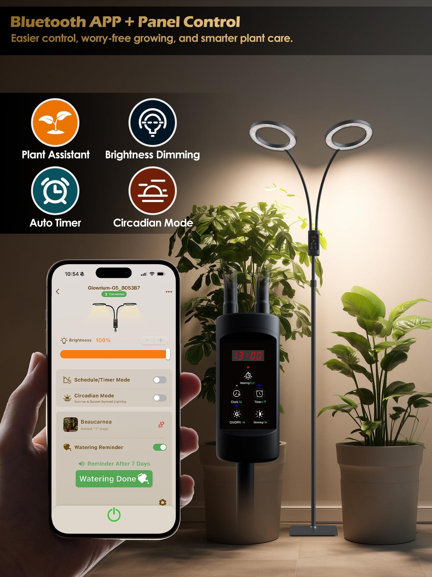 Smart Grow Lights for Indoor Plants, 48W Plant Light with Auto-Timer, Full Spectrum LED Grow Light, Adjustable Height & Stepless Dimming,Plant Assistant Suitable for Most Plants (Black (Dual Heads))