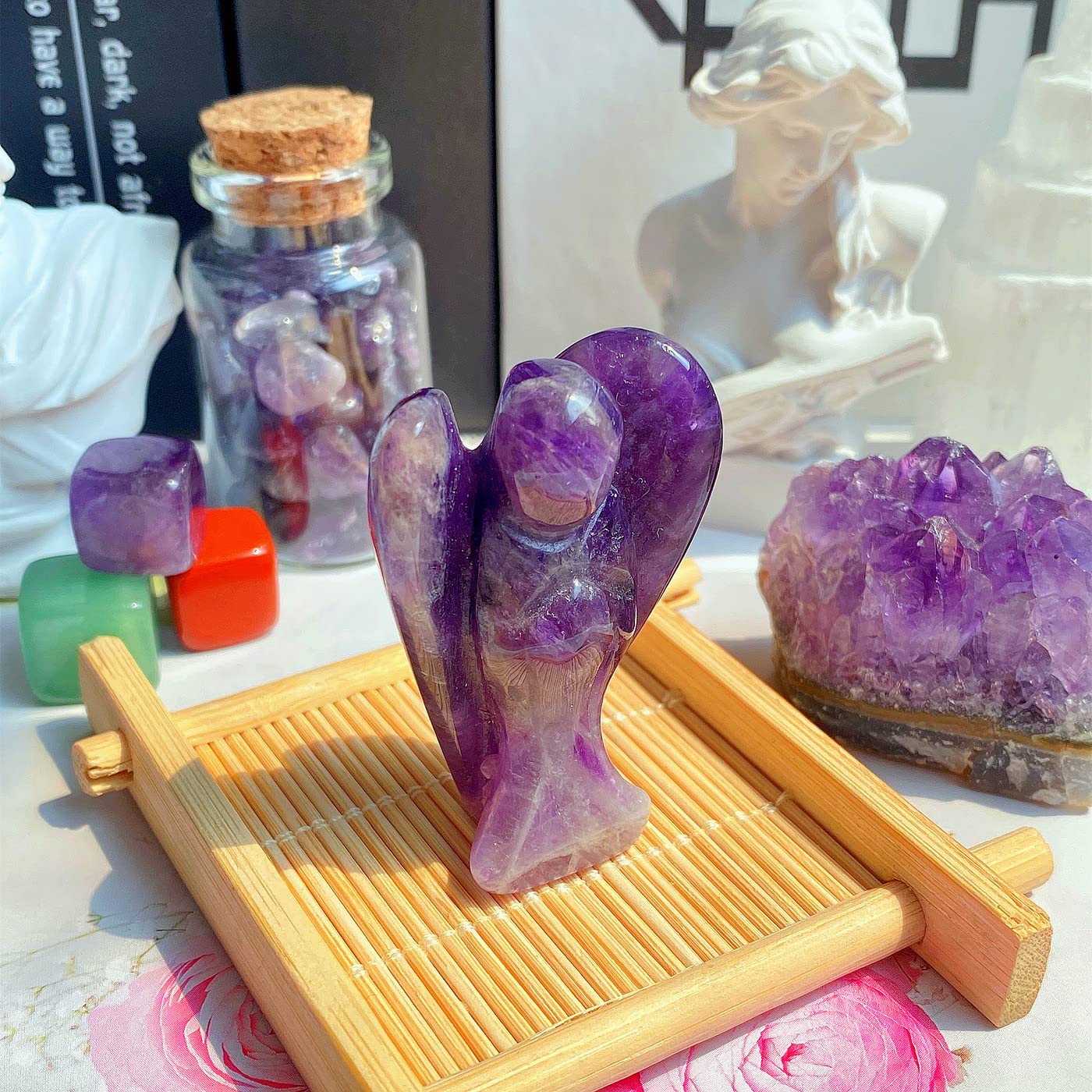 QINJIEJIE Bundle of Amethyst Crystal Tree and Guardian Angel Gemstone Decor Statue Polished Crystal Natural Reiki Gemstone Tree Life Stone Base Copper Wire Office Desk Room Home Decor Gift