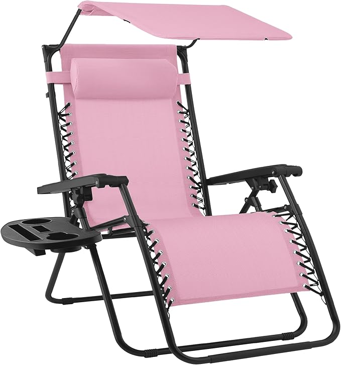 Best Choice Products Folding Zero Gravity Outdoor Recliner Patio Lounge Chair w/Adjustable Canopy Shade, Headrest, Side Accessory Tray, Textilene Mesh - Bubblegum Pink