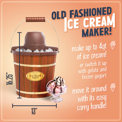 Nostalgia Electric Ice Cream Maker - Old Fashioned Soft Serve Ice Cream Machine Makes Frozen Yogurt or Gelato in Minutes - Fun Kitchen Appliance - Vintage Wooden Style - Light Wood - 4 Quart