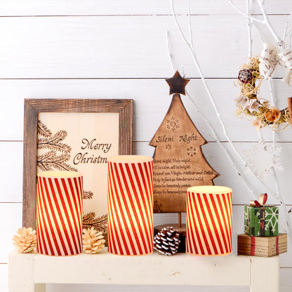 DRomance Christmas Flameless Candles Battery Operated with 6 Hour Timer, Real Wax Flickering LED Pillar Candles Candy Cane Decals Dinner Party Holiday Indoor Table Decor(3 Pack, 3" D x 4", 5", 6" H)
