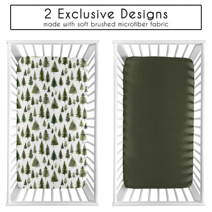 Sweet Jojo Designs 2-Piece Baby Crib Sheets Set (Green Woodland Tree) for Boys or Girls, Infant Nursery, Toddler Room - Standard Size (Neutral, Solid, Forest Pine Trees, Wilderness, Christmas Fir)
