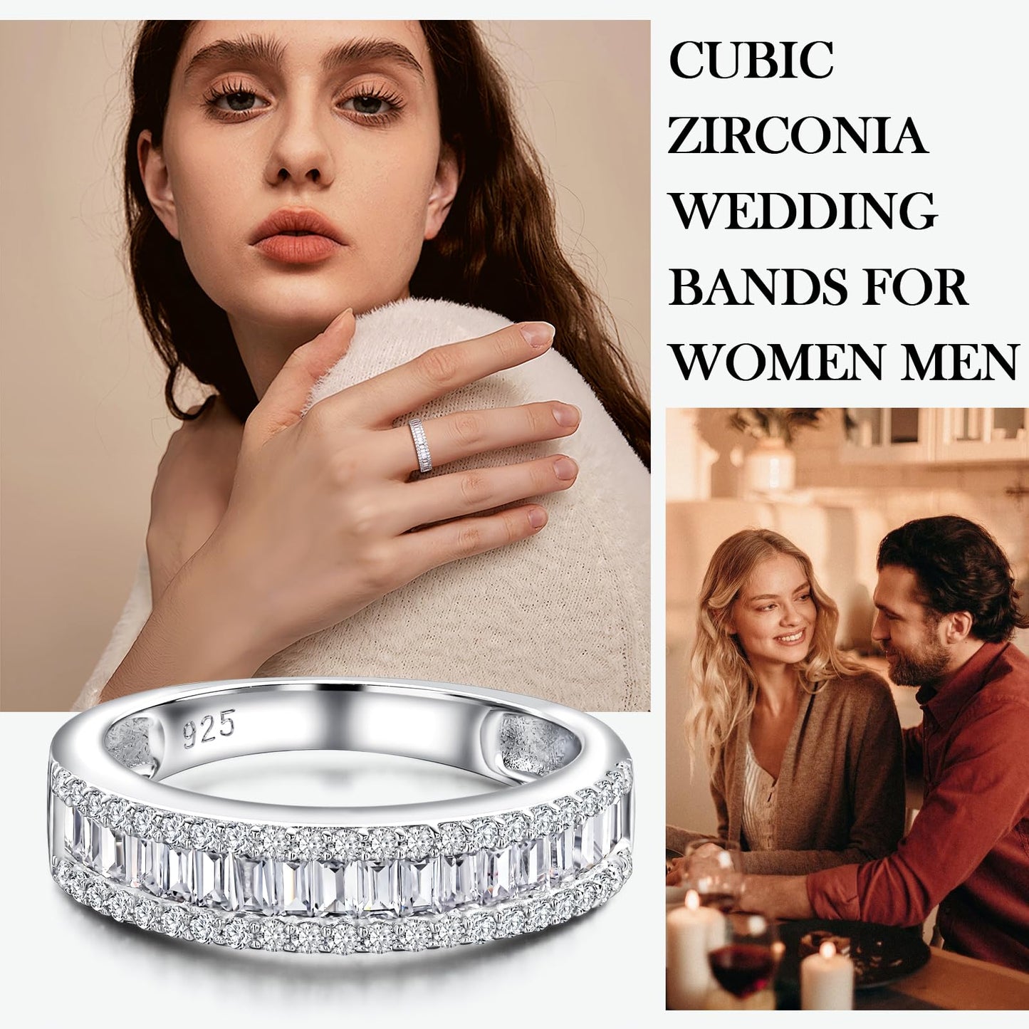 RANDES Women's Wedding Bands Cubic Zirconia Eternity Rings 925 Sterling Silver Created Diamond Baguette Rings Band for Women Men Size 10