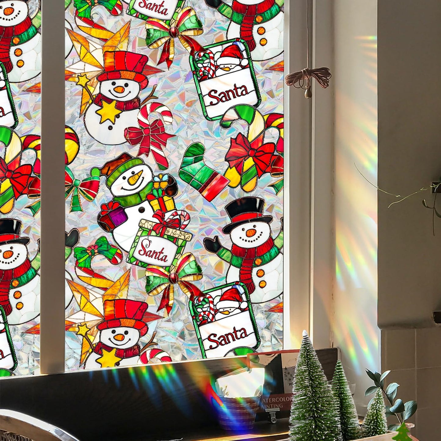 Christmas Stained Glass Window Cling Rainbow Tinted Window Film Privacy Stained Glass Window Decal Snowman Bow Candy Cane Windows Decals for Home School Xmas Party Decoration 17x 39.3 Inch