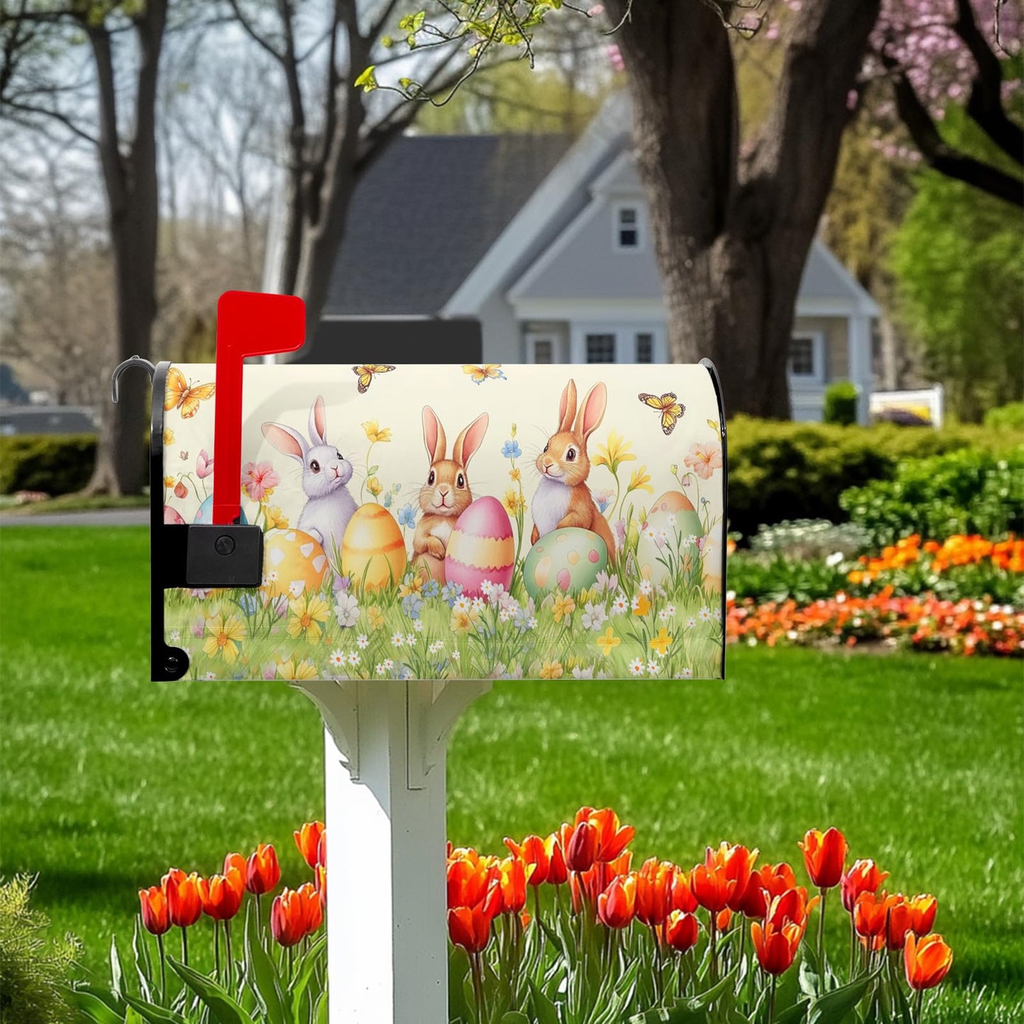 VentuCoven Easter Mailbox Covers Rabbits Mailbox Cover Standard Size 21x18 in Spring Floral Post Letter Box Cover for Garden Yard Decoration Waterproof Oxford Beautiful Eggs