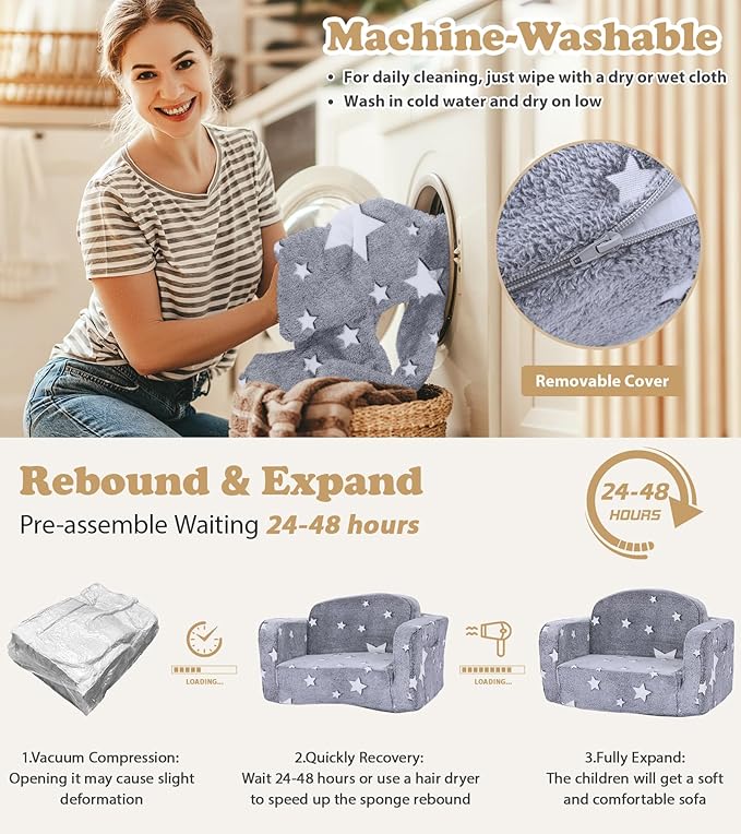 Kids Couch, 2-in-1 Soft Toddler Couch Fold Out