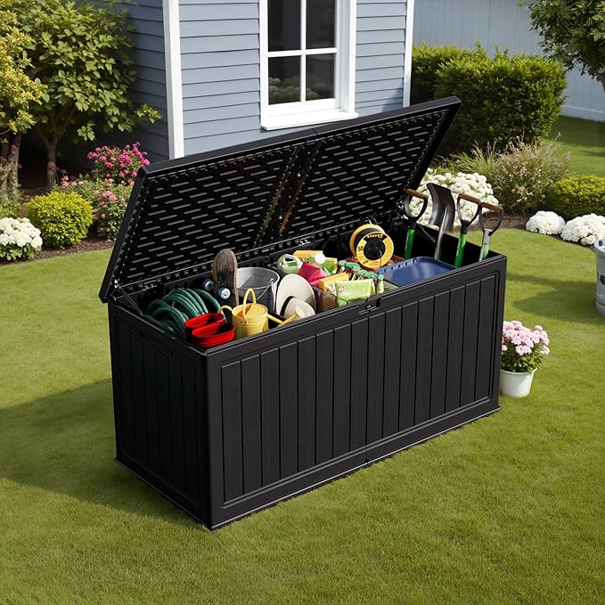 Devoko 260 Gallon Double-Wall Deck Box with Divider, Side Handles, Resin Outdoor Large Storage Box Waterproof and Lockable for Patio Furniture, Garden, Pool (Black, 260 Gallon)