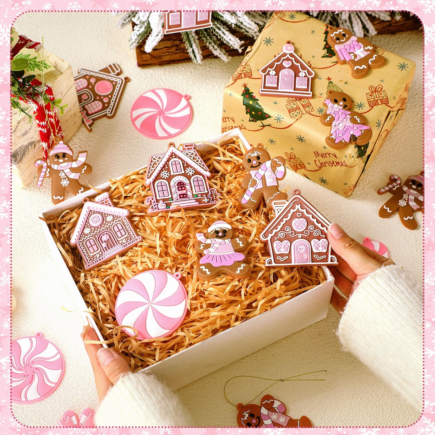 Vertintong 30 Pcs Pink Christmas Gingerbread Hanging Ornaments Pastel Gingerbread Ornaments Candy and House Soft PVC Christmas Tree Wall Hanging Decoration for Xmas Party Office Home Decor Winter