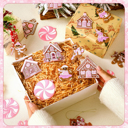 Vertintong 30 Pcs Pink Christmas Gingerbread Hanging Ornaments Pastel Gingerbread Ornaments Candy and House Soft PVC Christmas Tree Wall Hanging Decoration for Xmas Party Office Home Decor Winter