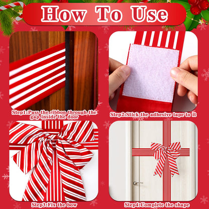 2 Pcs Christmas Cabinet Door Ribbon Bow Large Christmas Wreath Bow Red and White Stripe Festival Wrapping Decorations Xmas Candy Cane Bows for Tree Fireplace Home Holiday Front Door Party Supplies