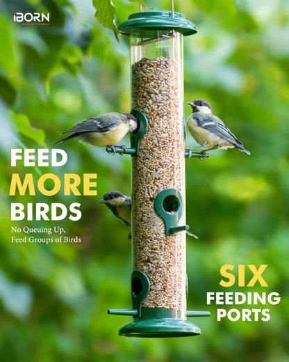iBorn Metal Bird Feeders 6 Ports Hanging Wild Bird Seed Feeder for Mix Seed Blends, Niger Seed Feeder, Sunflower Heart, Birdbath, Heavy Duty All Metal Green Finishing 14 Inch 6Port