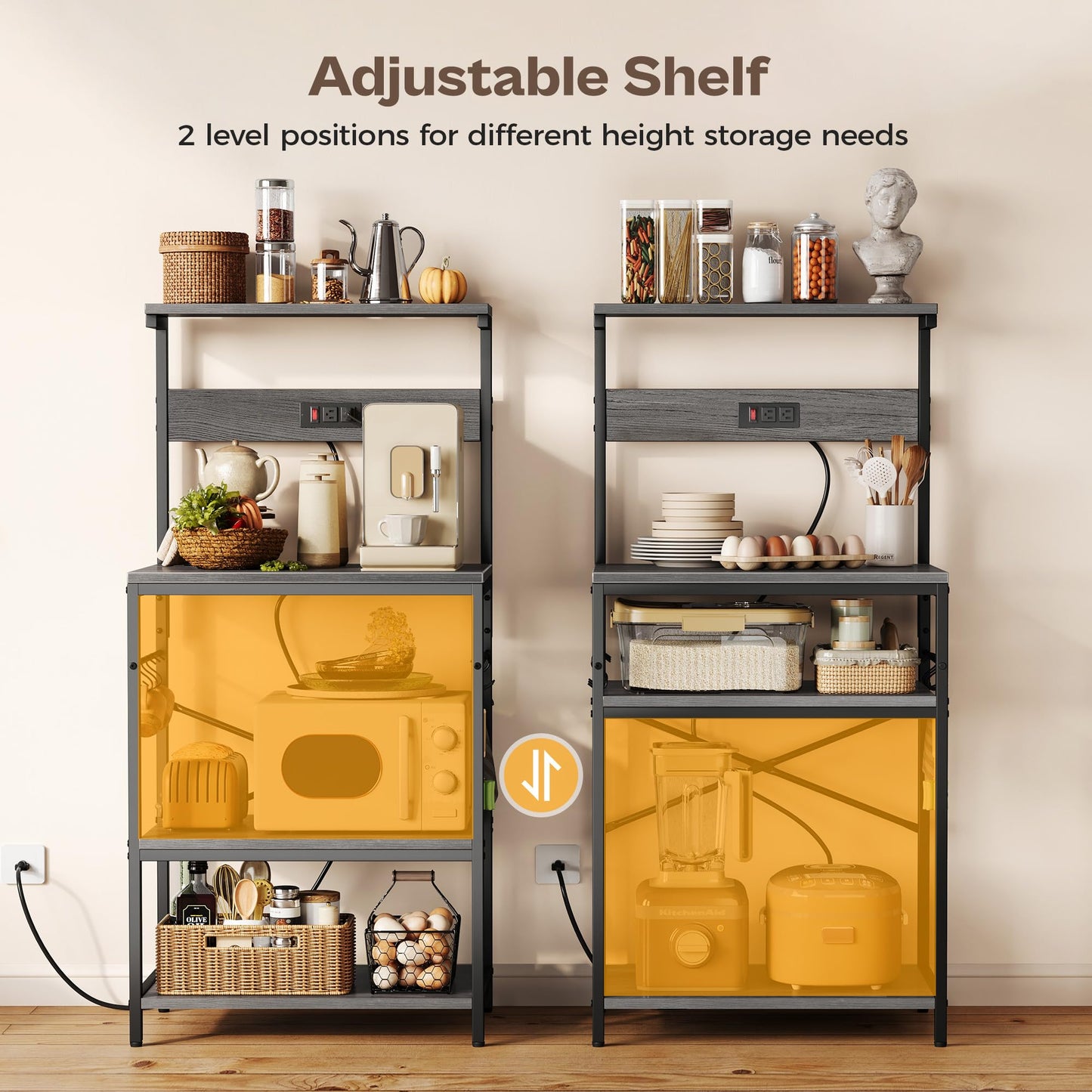 SUPERJARE Kitchen Bakers Rack with Power Outlet, Coffee Bar Table 4 Tiers, Kitchen Microwave Stand with 6 S-shaped Hooks, Storage Shelf Rack for Spices, Pots and Pans - Rustic Brown