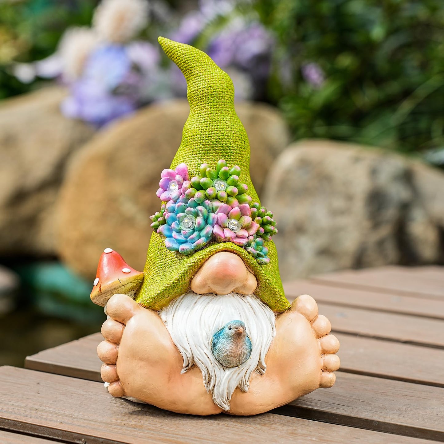 Joint Honglin Solar Succulent Gnome Garden Statue, Lighted Succulent Hat Gnome with Bird, Resin Fairy Garden Decor, Outdoor Waterproof Garden Gnome Figurine for Yard Lawn Patio Porch