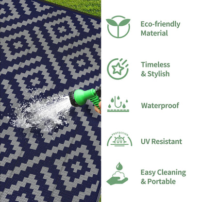 GENIMO Outdoor Rug for Patio Clearance, 10'x14' Waterproof Camping Mat, Reversible Plastic Straw Rugs for RV, Camper, Balcony, Backyard, Picnic, Deck (Blue & Grey)