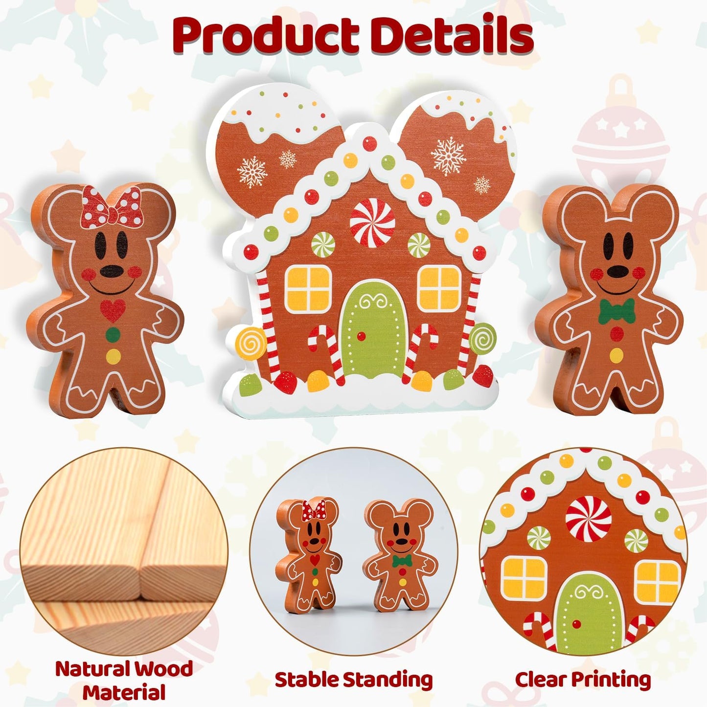AMUHUA Gingerbread Christmas Table Decoration Set - 3pcs Wooden Gingerbread Mouse Centerpieces Table Decorations for Home Desk Shelf Xmas Party Decor Supplies