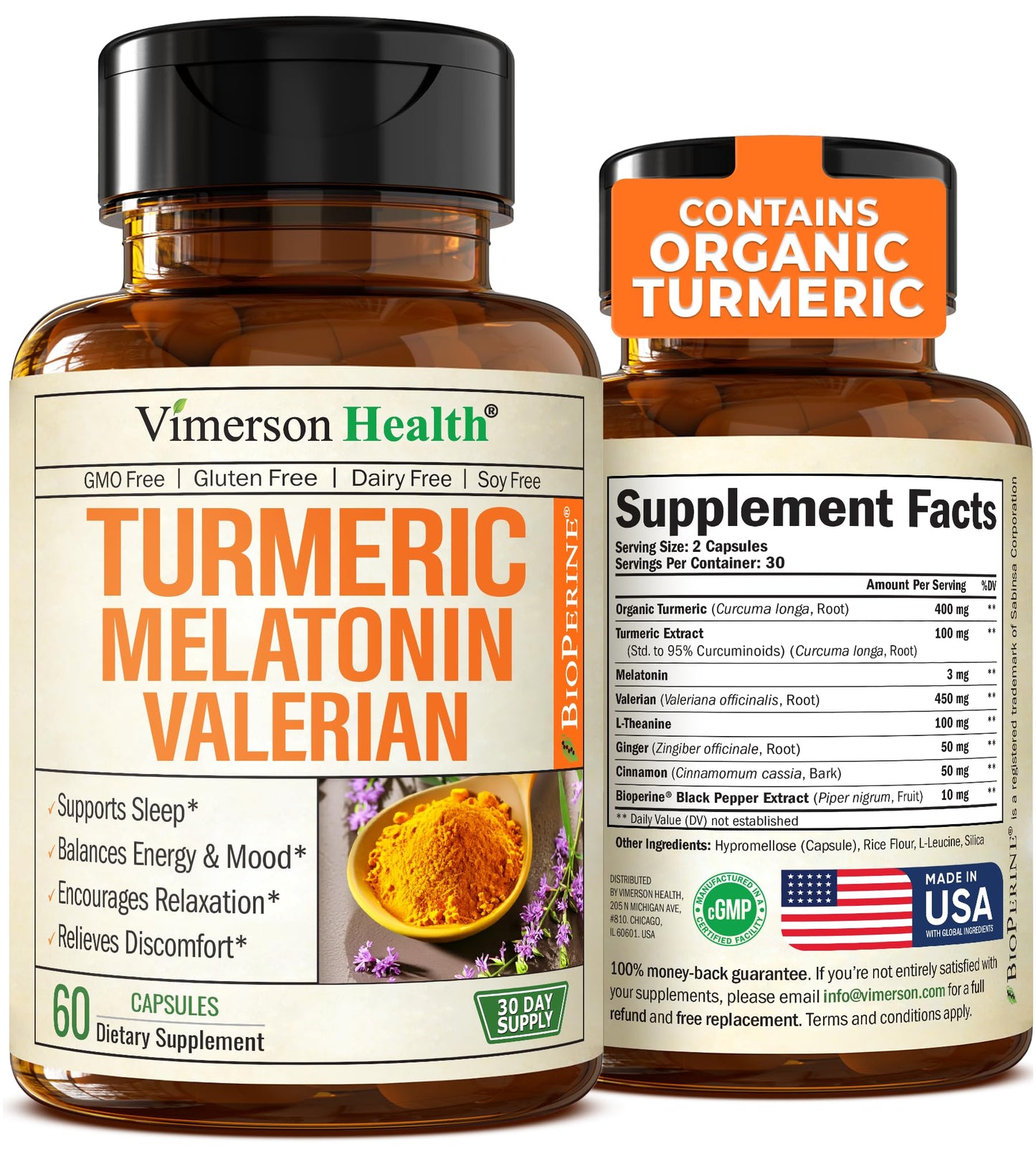 Turmeric Supplement - Turmeric Curcumin with Black Pepper, Melatonin 3mg & Valerian. Natural Sleep Aid for Adults with L-Theanine, Ginger, Valerian Root Capsules. Aids Relaxation and Mood. 60 Capsules