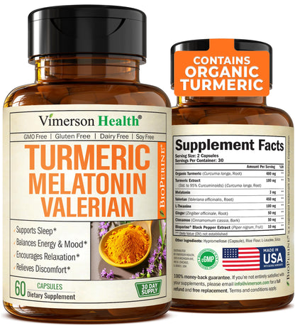 Turmeric Supplement - Turmeric Curcumin with Black Pepper, Melatonin 3mg & Valerian. Natural Sleep Aid for Adults with L-Theanine, Ginger, Valerian Root Capsules. Aids Relaxation and Mood. 60 Capsules