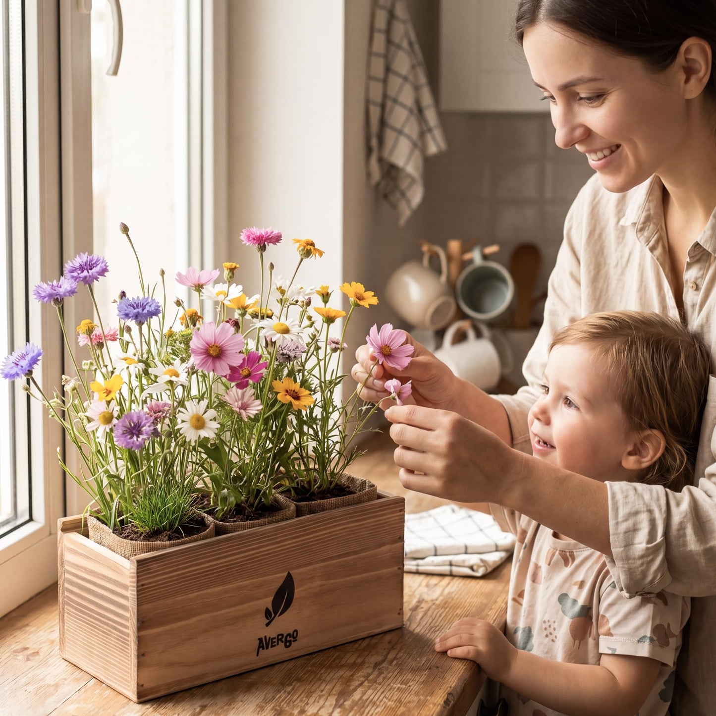 AVERGO Wildflower Seed Mix Growing Kit - Perennial Wild Flowers | Ideal Gift for Mother's Day - Also Includes Planters, Soil, Wooden Box, and Gardening Tools for Indoor Garden and Patio Planting