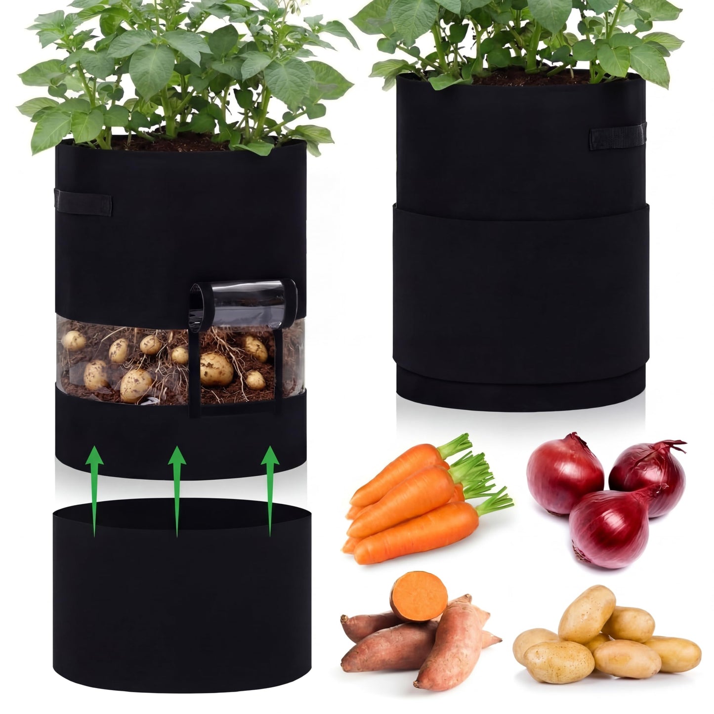 Baderke 2 Pack Visible Potato Grow Bags with Harvest Window, 360 Visibility Plant Grow Bags with Handles for Planting Potatoes, Tomatoes and Vegetables (20 Gallon,Black)