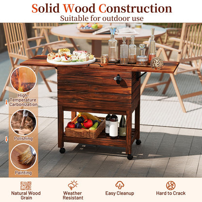 SPORFIT 54 Quart Rolling Patio Cooler Cart, Pine Wood Ice Chest Bar Cart with Drain, Fold Down Shelves & Bottle Opener, Outdoor Beverage Cooler Cart on Wheels for Parties Backyard Poolside Deck