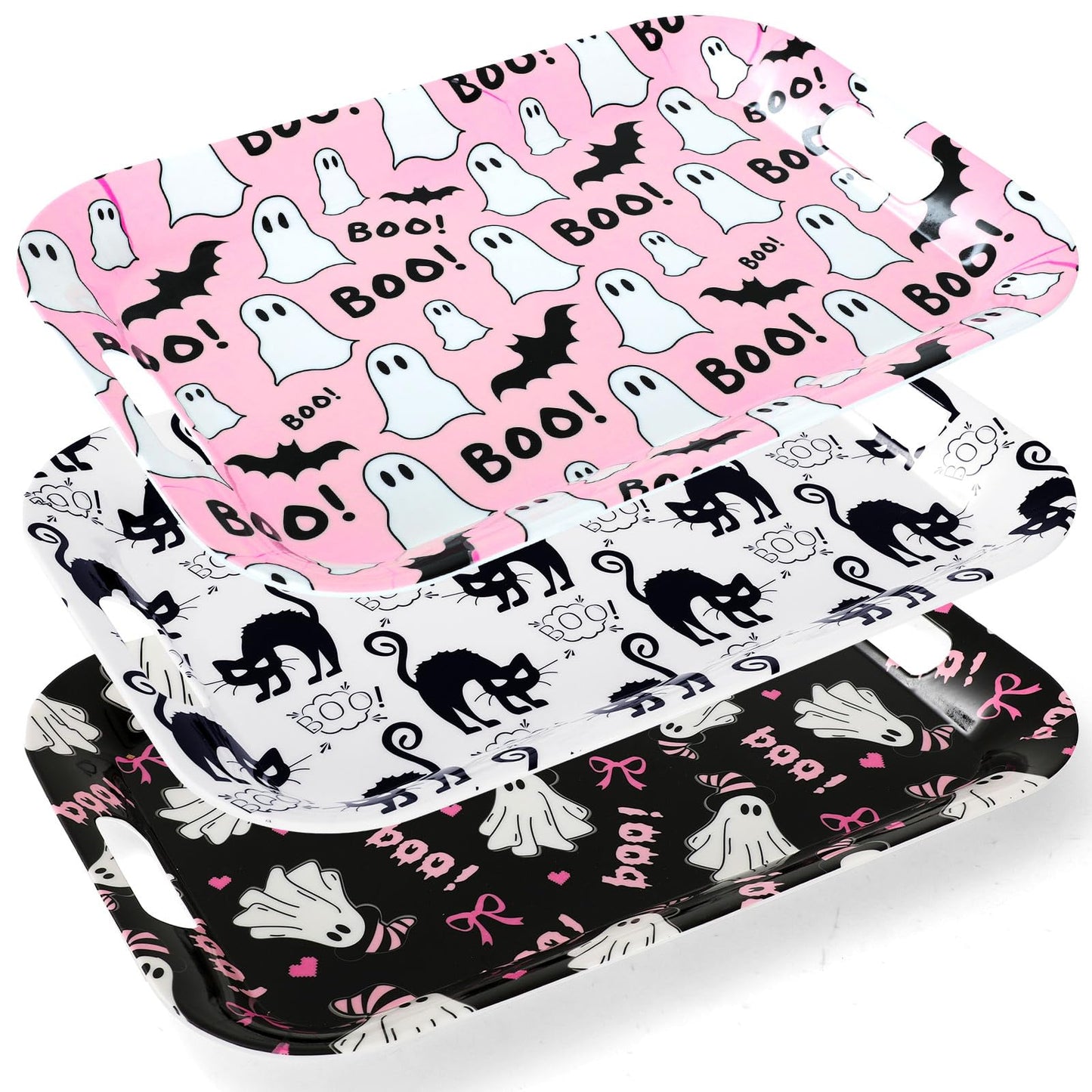 JarThenaAMCS 3Pcs Halloween Ghost Serving Trays 16.4 x 11 Inch Pink Boo Ghost Black Cat Platter with Handles Reusable Serving Dishes for Birthday Party Sharing Snacks Fruit Dessert