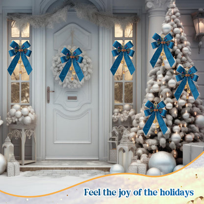 Yinkin 4 Pcs Christmas Tree Wreath Bow Christmas Ribbon Bows with Bells 11 x 7.8 in Velvet Pine Cone Bowknot Xmas Tree Hanging Ornaments Decor for Home Xmas Party Outdoor Indoor (Lake Blue)