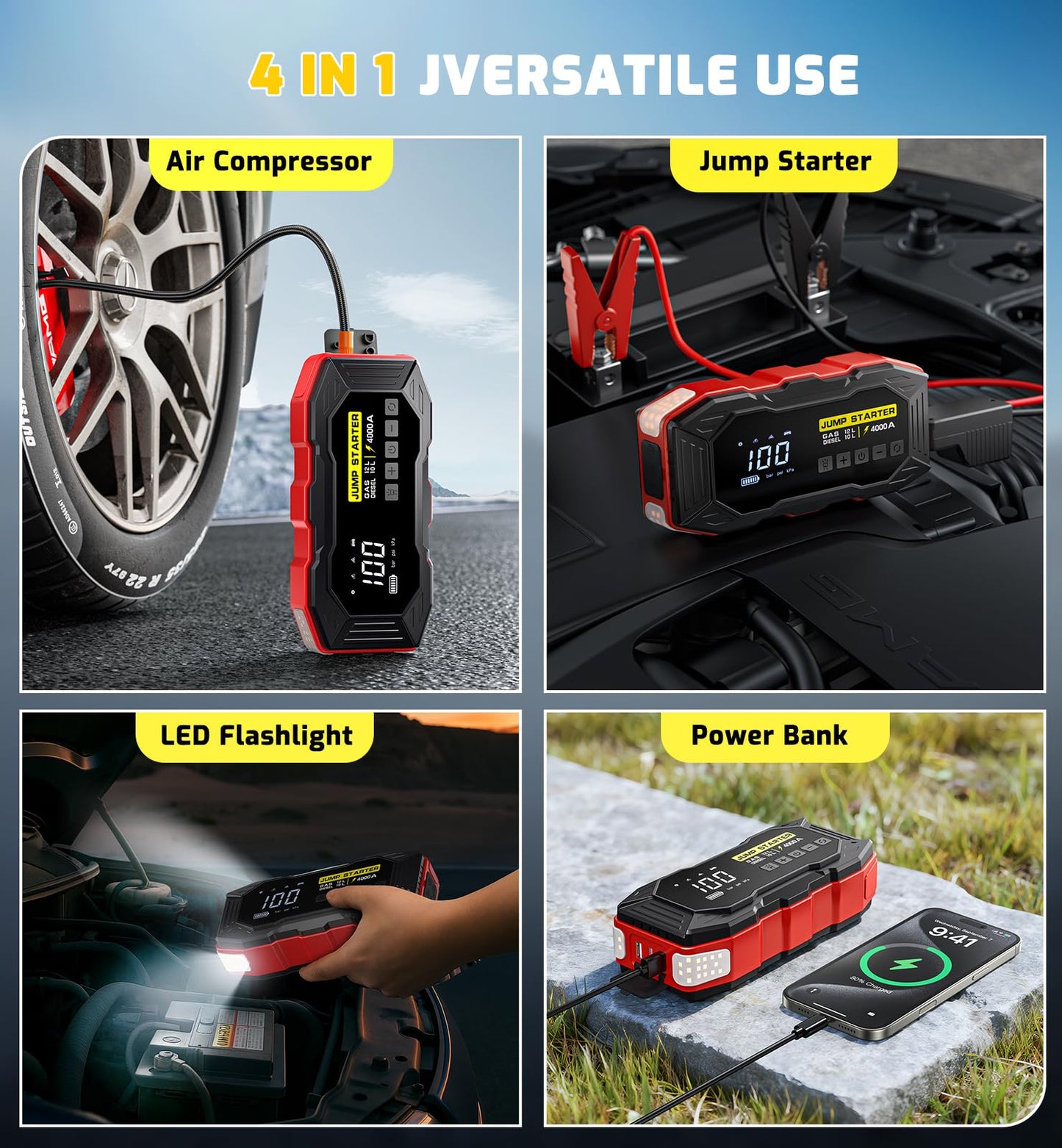 Jump Starter with Air Compressor, Portable Car Battery Jump Starter(12 Gas/10L Diesel), 4000A Peak 160PSI 12V Automobile Jump Box Pack Chargers with Jumper Cables, 4-Mode LED Lights (Black&Red)