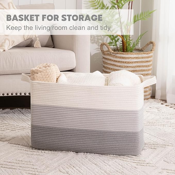OIAHOMY Extra Large Blanket Basket, 110L Cotton Rope Woven Laundry Basket
