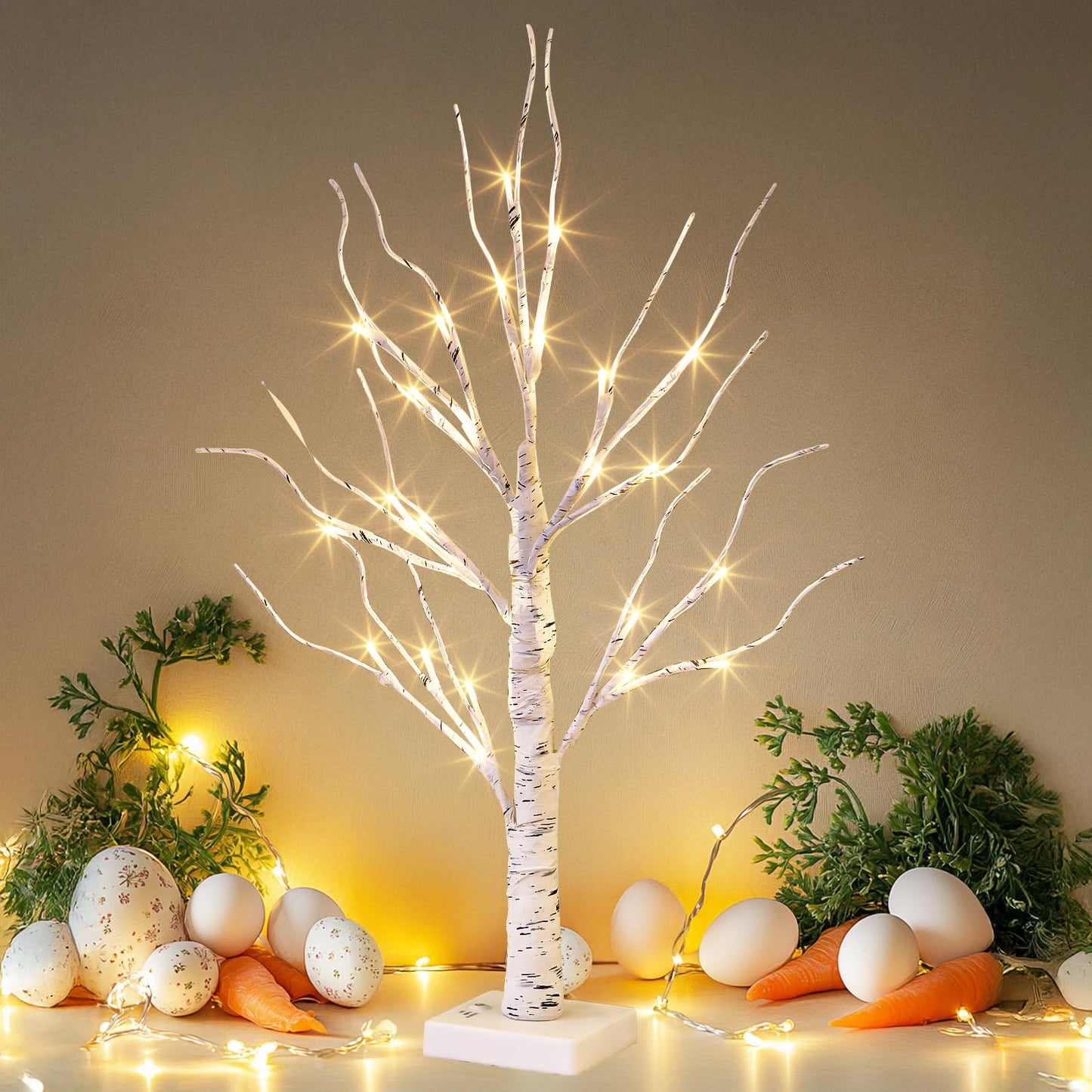 EAMBRITE Lighted Birch Tree Christmas Decorations for Home, White Birch Tree with Lights, 24 LED Lighted Mini Money Tree Twig Tree Battery Operated with Timer, Indoor Table Centerpiece Decor (2FT)