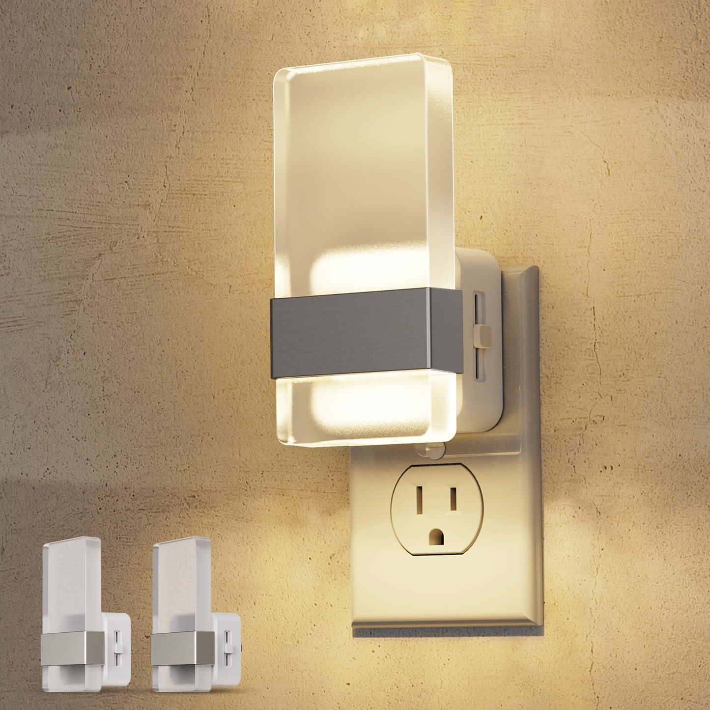 L LOHAS LED Night Lights Plug Into Wall, 2 Pack Plug in Night Light LED with Dusk to Dawn Sensor, 0-100LM Dimmable Nightlight, Wall Sconce-Style Design Nightlights for Bathroom, Hallway,Stairway,Gift