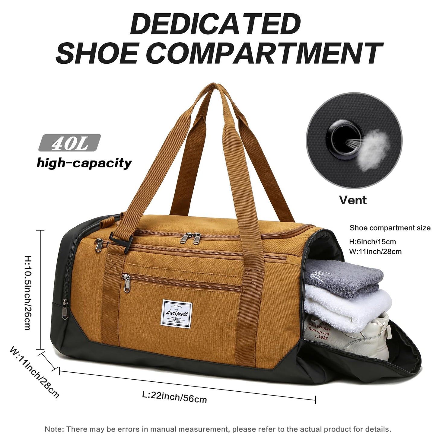 Laripwit Travel Duffle Bag for men 40L Medium Sports Gym Bag with Wet Pocket & Shoes Compartment Weekender Overnight Backpack for Traveling Duffel Bag Backpack for Women, Khaki