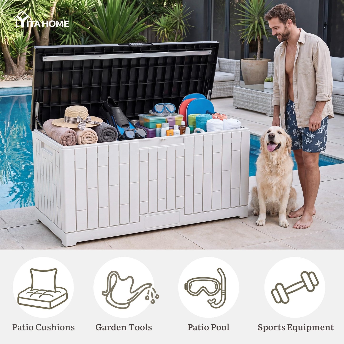 YITAHOME Large Deck Box 120 Gallon Resin Outdoor Storage Box w/Slide-Locking Black Lid, Patio Storage Bin for Outdoor Pillows, Garden Tools and Pool Supplies, Waterproof, Lockable, Grayish-White