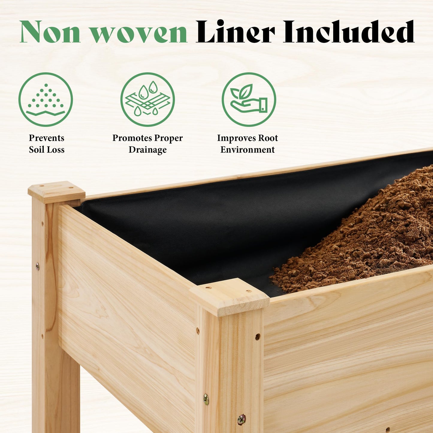 AMERLIFE Raised Garden Bed, 48x30x24 Inches Elevated Wood Planter Box with Legs, Bed Liner, Divider and Drainage Holes for Backyard, Patio, 200 lb Capacity - Light Wood