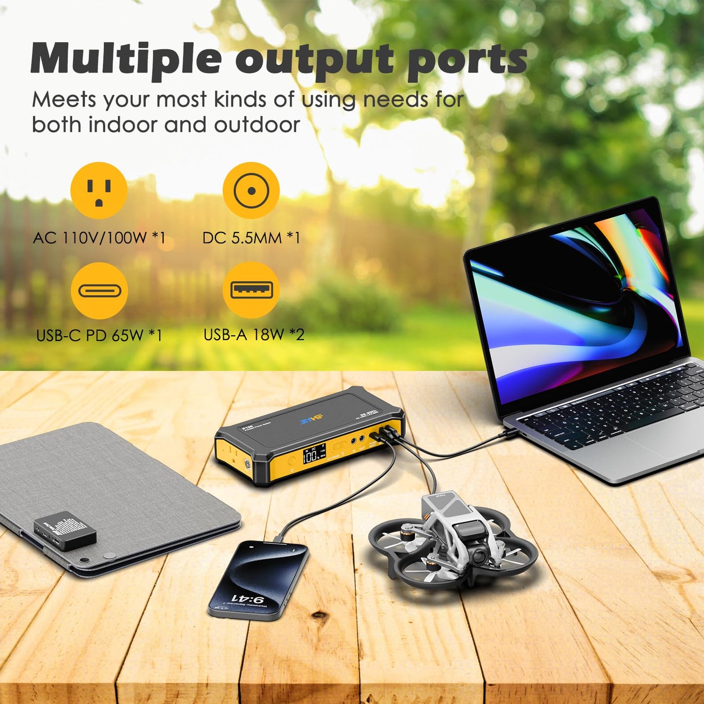 JIYHF Portable Power Station 99.9Wh with Foldable Solar Panel 30W, Laptop Charger & Backup Power with 65W USB-C PD, 100W AC Outlet, 12V DC Output, LED Light for Camping, Home Backup, Emergency, RV