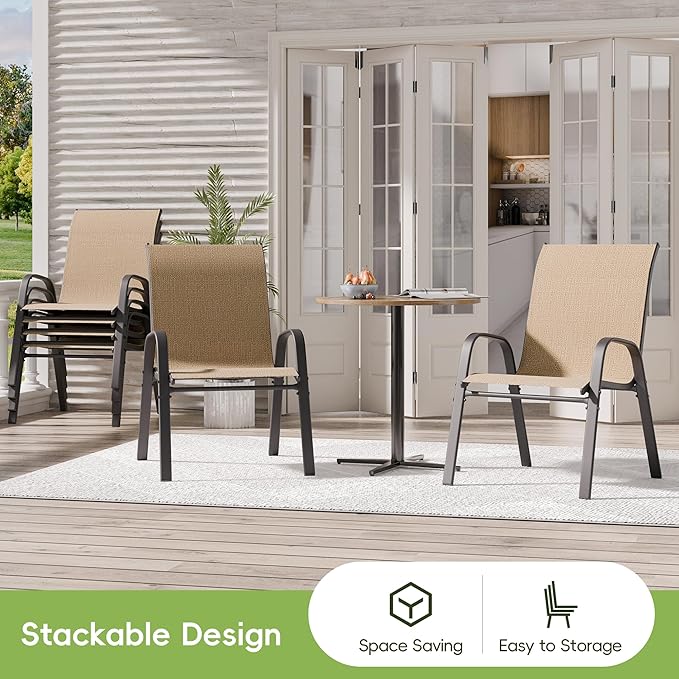 Patio Chairs Set of 6, Outdoor Dining Chairs Stackable for All Weather, Breathable Metal Modern Outside Furniture Chair for Pool Side, Garden, Backyard Deck, Brown